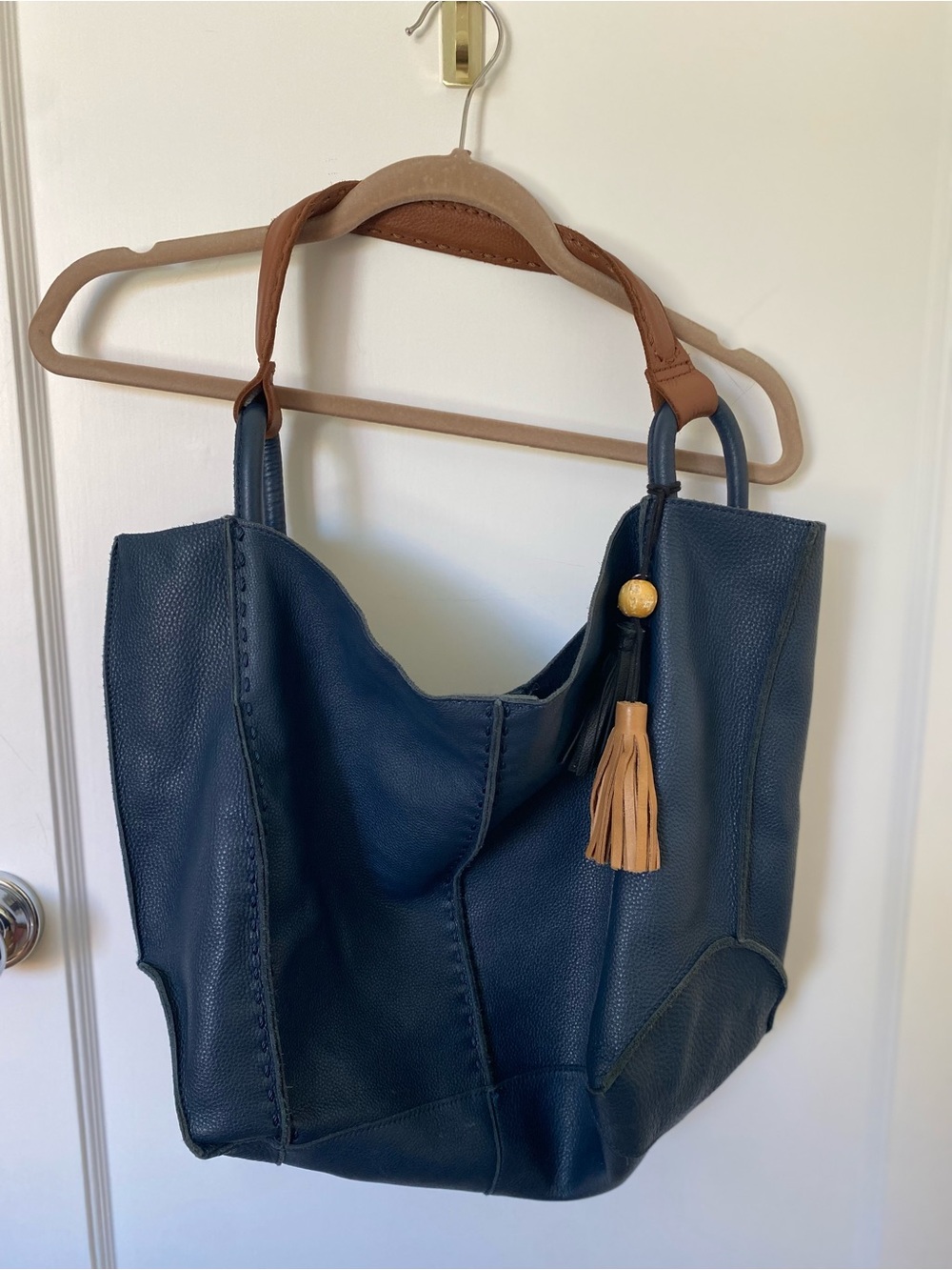 The Sak - Los Feliz Navy Pebbled Tote with Tan Handles & Tassel